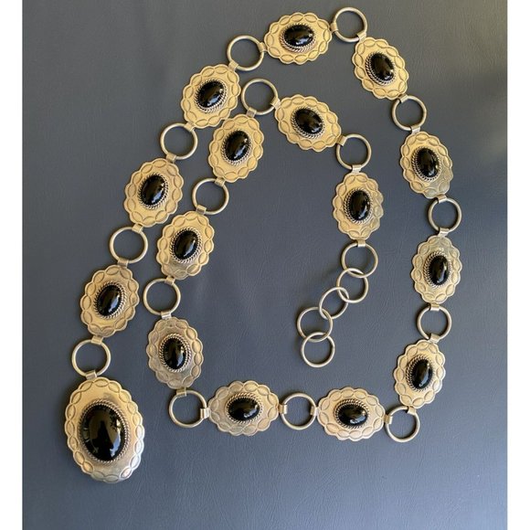 Native American Navajo JF Sterling Silver Black Onyx Belt Vtg Heavy Signed - Picture 11 of 12